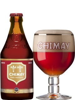 belgisches Bier Chimay Rouge in der 0,33 l Bierflasche mit vollem Bierglas
