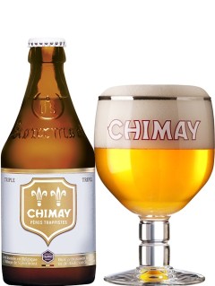belgisches Bier Chimay Triple in der 33 cl Bierflasche mit vollem Bierglas