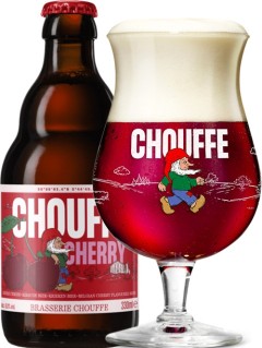 belgisches Bier Cherry Chouffe in der 0,33 l Bierflasche mit vollem Bierglas