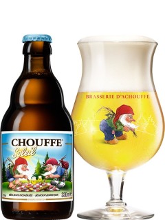 belgisches Bier Chouffe Soleil in der 33 cl Bierflasche mit vollem Bierglas
