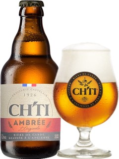 französisches Bier Ch'Ti Ambree in der 0,33 l Bierflasche mit vollem Bierglas