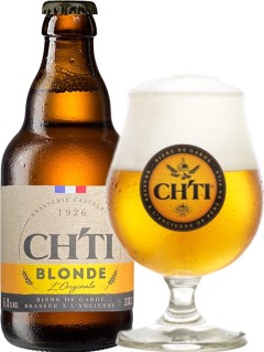 französisches Bier Ch'Ti Blonde in der 0,33 l Bierflasche mit vollem Bierglas