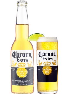 mexikanisches Bier Corona Extra in der 0,355 l Bierflasche mit vollem Bierglas