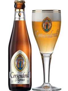 belgisches Bier Corsendonk Agnus Tripel in der 0,33 l Bierflasche mit vollem Bierglas