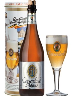 belgisches Bier Corsendonk Agnus Tripel 0,75 l Bierflasche in Metalldose als Bier-Geschenk mit vollem Bierglas