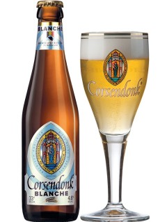 belgisches Bier Corsendonk Blanche in der 0,33 l Bierflasche mit vollem Bierglas