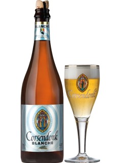belgisches Bier Corsendonk Blanche in der 0,75 l Bierflasche mit vollem Bierglas