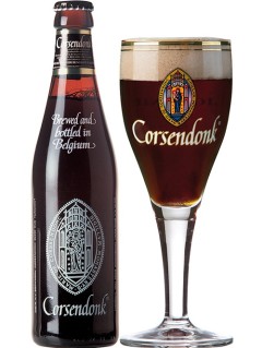 belgisches Bier Corsendonk Dark Dubbel in der 33 cl Bierflasche mit vollem Bierglas
