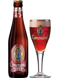 belgisches Bier Corsendonk Dubbel Kriek in der 0,33 l Bierflasche mit vollem Bierglas