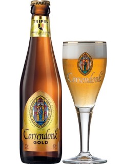belgisches Bier Corsendonk Gold Tripel in der 0,33 l Bierflasche mit vollem Bierglas