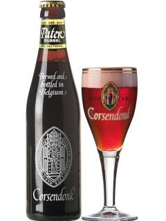 belgisches Bier Corsendonk Pater Dubbel in der 0,33 l Bierflasche mit vollem Bierglas