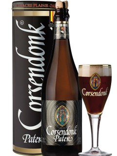 belgisches Bier Corsendonk Pater Dubbel in der 0,75 l Bierflasche als Bier-Geschenk in Metalldose mit vollem Bierglas