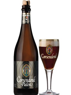 belgisches Bier Corsendonk Pater Dubbel in der 0,75 l Bierflasche mit vollem Bierglas