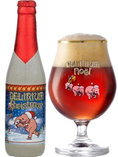 belgisches Bier  Delirium Christmas Bierflasche in der 0,33 l Bierflasche mit vollem Bierglas