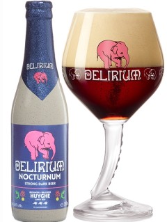 belgisches Bier Delirium Nocturnum in der 33 cl Bierflasche mit vollem Bierglas