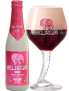 belgisches Bier Delirium Red in der 33 cl Bierflasche mit vollem Bierglas