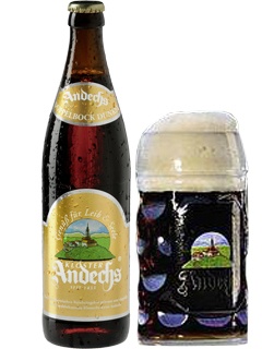 deutsches Bier Andechs Doppelbock Dunkel in der 0,5 l Bierflasche mit vollem Bierglas
