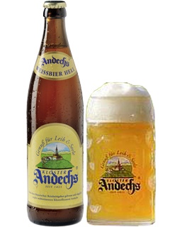 deutsches Bier Andechs Weissbier Hell in der 0,5 l Bierflasche mit vollem Bierglas