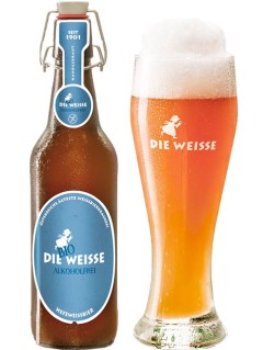 österreichisches Bier Die Weisse Alkoholfrei Bio in der 30 cl Bierflasche mit vollem Bierglas