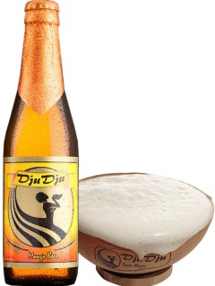 afrikanisches Bier Dju Dju Mango 33 cl Bierflasche mit voller Kalebasse