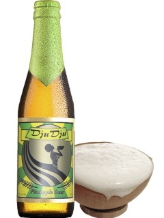 belgische Bier Dju Dju Pineapple in der 33cl Bierflasche mit gefülltem Bierglas
