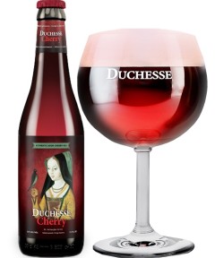 belgisches Bier Duchesse Cherry in der 0,33 l Bierflasche mit vollem Bierglas