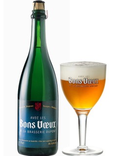 belgisches Bier Dupont Moinette Bons Voeux in der 75 cl Bierflasche mit vollem Bierglas