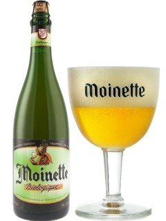 belgisches Bier Dupont Moinette Biologique in der 75 cl Bierflasche mit vollem Bierglas
