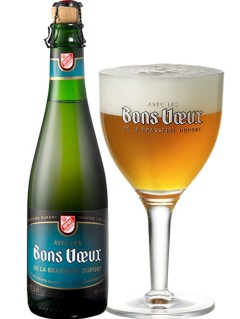 belgisches Bier Dupont Moinette Bons Voeux in der 37,5cl Bierflasche mit vollem Bierglas