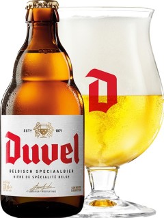 belgisches Bier Duvel in der 0,33 l Bierflasche mit vollem Bierglas