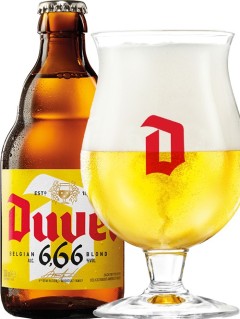 belgisches Bier Duvel 6,66 in der 0,33 l Bierflasche mit vollem Bierglas