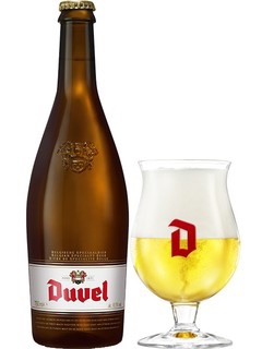 belgisches Bier Duvel in der 75 cl Bierflasche mit vollem Bierglas