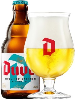 belgisches Bier Duvel Tripel Hop Cashmere in der 0,33 l Bierflasche mit vollem Bierglas