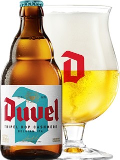 belgisches Bier Duvel Tripel Hop Cashmere 2019 in der 33 cl Bierflasche mit vollem Bierglas