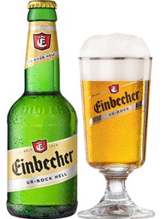 deutsches Bier Einbecker Ur Bock Hell in der 33 cl Bierflasche mit vollem Bierglas