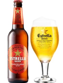 spanisches Bier Estrella Damm in der 0,33 l Bierflasche mit vollem Bierglas