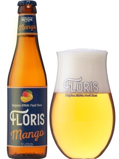 belgisches Bier Floris Mango in der 0,33 l Bierflasche mit vollem Bierglas