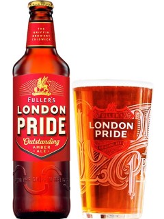 englisches Bier Fuller's London Pride in der 0,5 l Bierflasche mit vollem Bierglas
