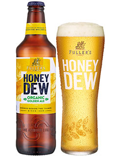 englisches Bier Fuller's Organic Honey Dew in der 0,5l Bierflasche mit gefülltem Bierglas