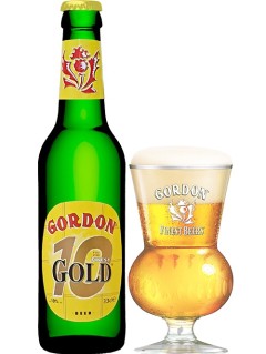 belgisches Bier Gordon Finest Gold 0,33 l Bierflasche mit vollem Bierglas