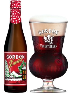 belgisches Bier Gordon Xmas Bierflasche in der 33 cl Bierflasche mit vollem Bierglas