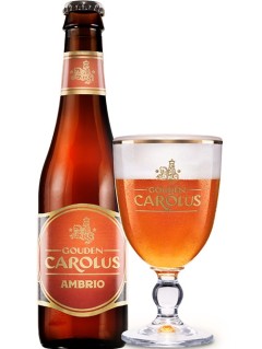 belgisches Bier Gouden Carolus Ambrio in der 0,33 l Bierflasche mit vollem Bierglas