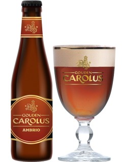 belgisches Bier Gouden Carolus Ambrio in der 33 cl Bierflasche mit vollem Bierglas