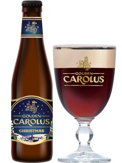 belgisches Bier Gouden Carolus Christmas in der 33 cl Bierflasche mit vollem Bierglas