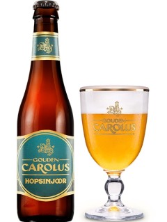 belgisches Bier Gouden Carolus Hopsinjoor in der 0,33 l Bierflasche mit vollem Bierglas