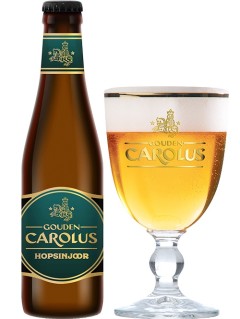 belgisches Bier Gouden Carolus Hopsinjoor in der 33 cl Bierflasche mit vollem Bierglas