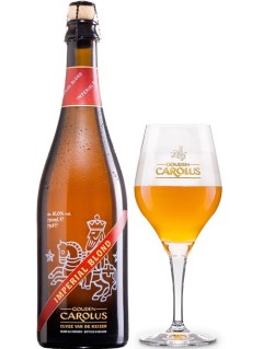 belgisches Bier Gouden Carolus Imperial Blond 0,75 l Bierflasche mit vollem Bierglas