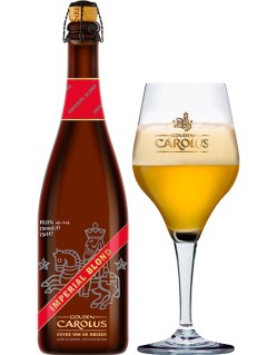 belgisches Bier Gouden Carolus van de Keizer Imperial Blond in der 75 cl Bierflasche mit Korkverschluss und vollem Bierglas