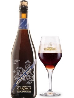 belgisches Bier Gouden Carolus Imperial Dark 0,75 l Bierflasche mit vollem Bierglas
