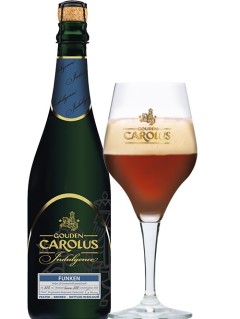 belgisches Bier Gouden Carolus Indulgence Funken 0,75 l Bierflasche mit vollem Bierglas